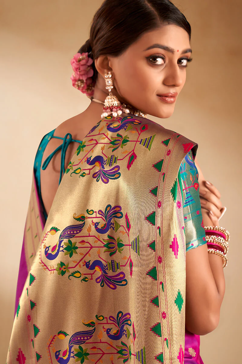Embrocation Firozi Paithani Silk Saree With Demanding Blouse Piece - Image 4