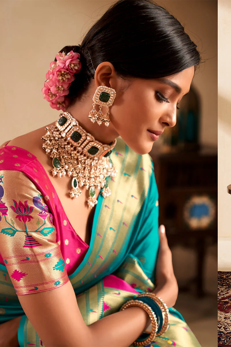 Embrocation Firozi Paithani Silk Saree With Demanding Blouse Piece - Image 5