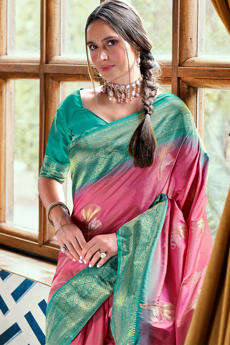 Embrocation Pink Soft Banarasi Silk Saree With Murmurous Blouse Piece - Image 2