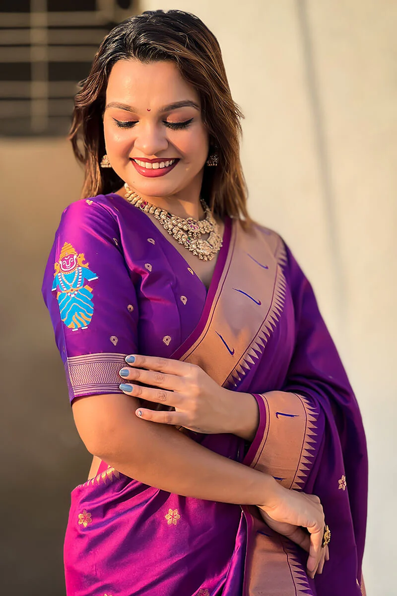 Embrocation Purple Paithani Silk Saree With Admirable Blouse Piece - Image 2