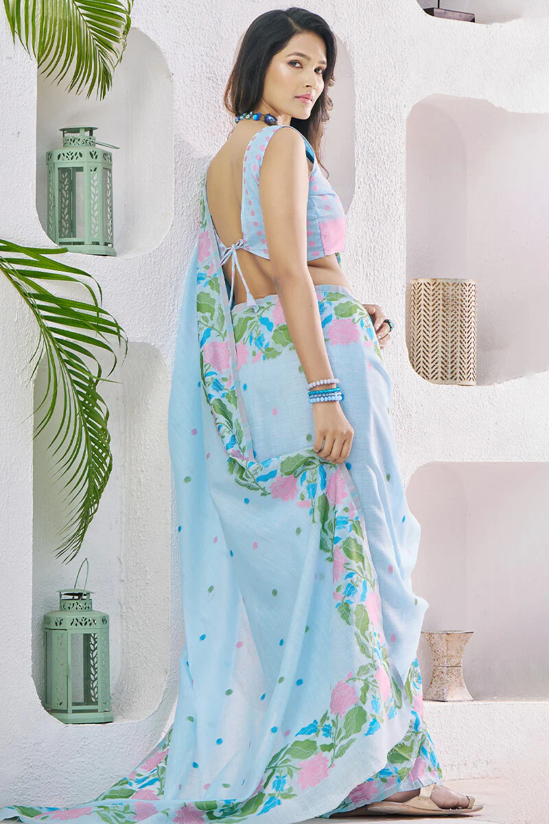 Embrocation Sky Cotton Silk Saree With Propinquity Blouse Piece - Image 2