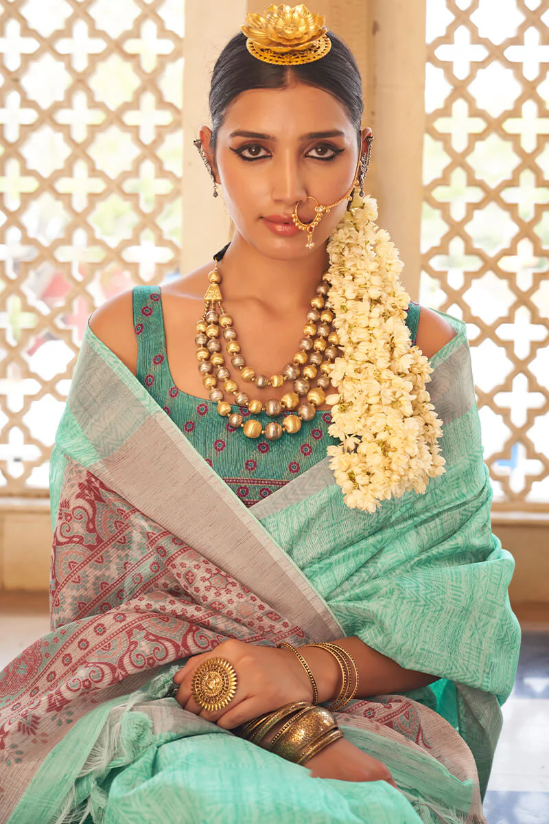 Embrocation Turquoise Cotton Silk Saree With Blooming Blouse Piece - Image 2