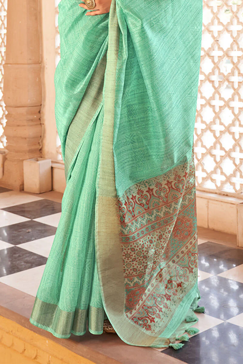 Embrocation Turquoise Cotton Silk Saree With Blooming Blouse Piece - Image 3