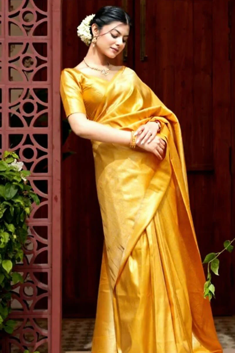 Embrocation Yellow Soft Silk Saree With Aplomb Blouse Piece - Image 5
