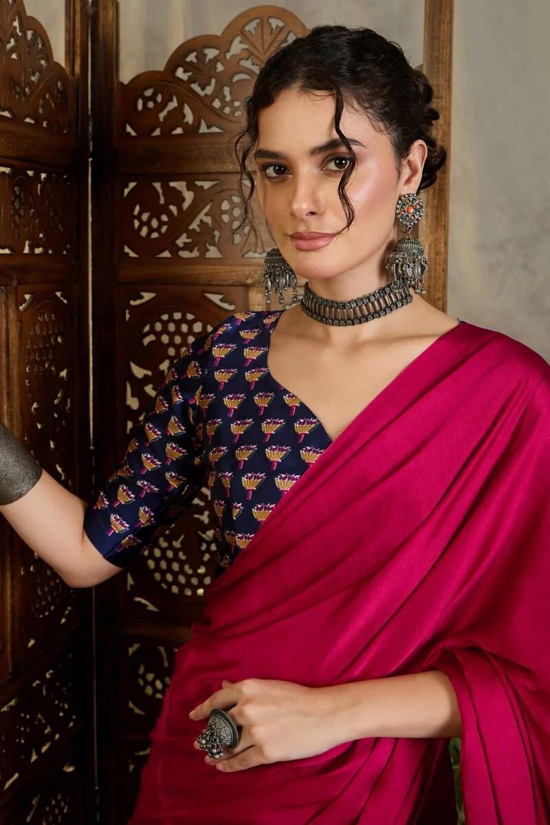 Enamoring Dark Pink Ajrakh Printed Semi Modal Silk Saree With Susurrous Blouse Piece - Image 2