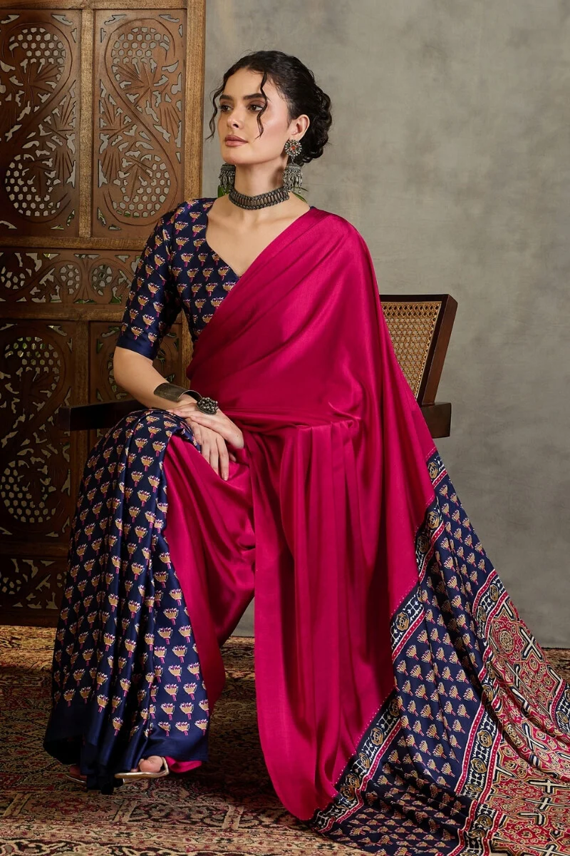 Enamoring Dark Pink Ajrakh Printed Semi Modal Silk Saree With Susurrous Blouse Piece - Image 4