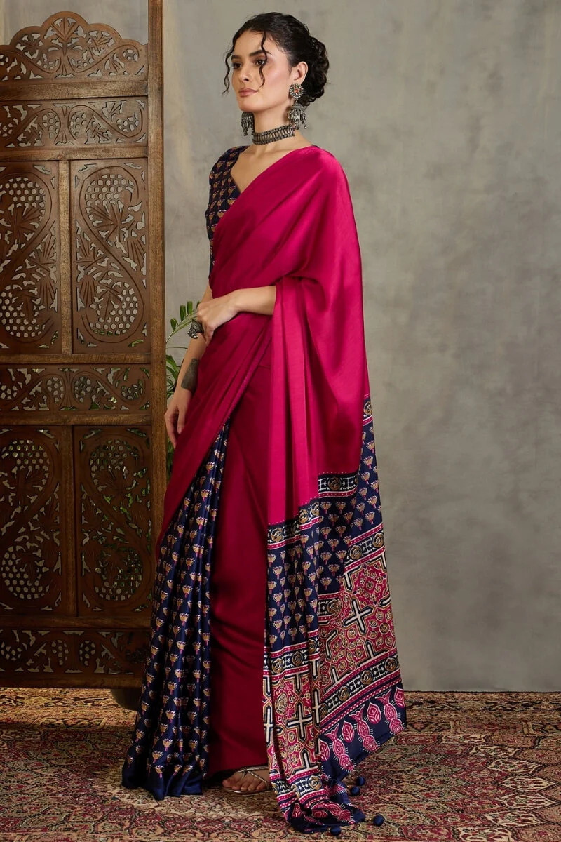 Enamoring Dark Pink Ajrakh Printed Semi Modal Silk Saree With Susurrous Blouse Piece - Image 5