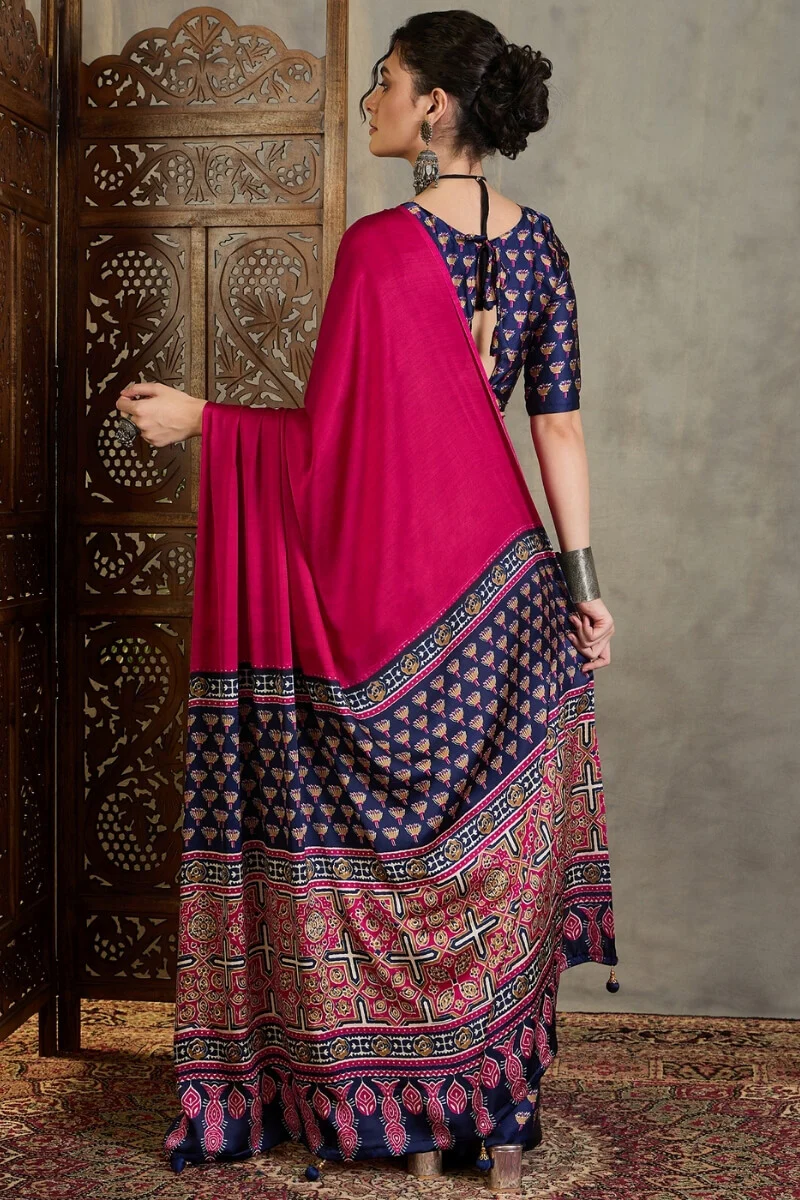 Enamoring Dark Pink Ajrakh Printed Semi Modal Silk Saree With Susurrous Blouse Piece - Image 7