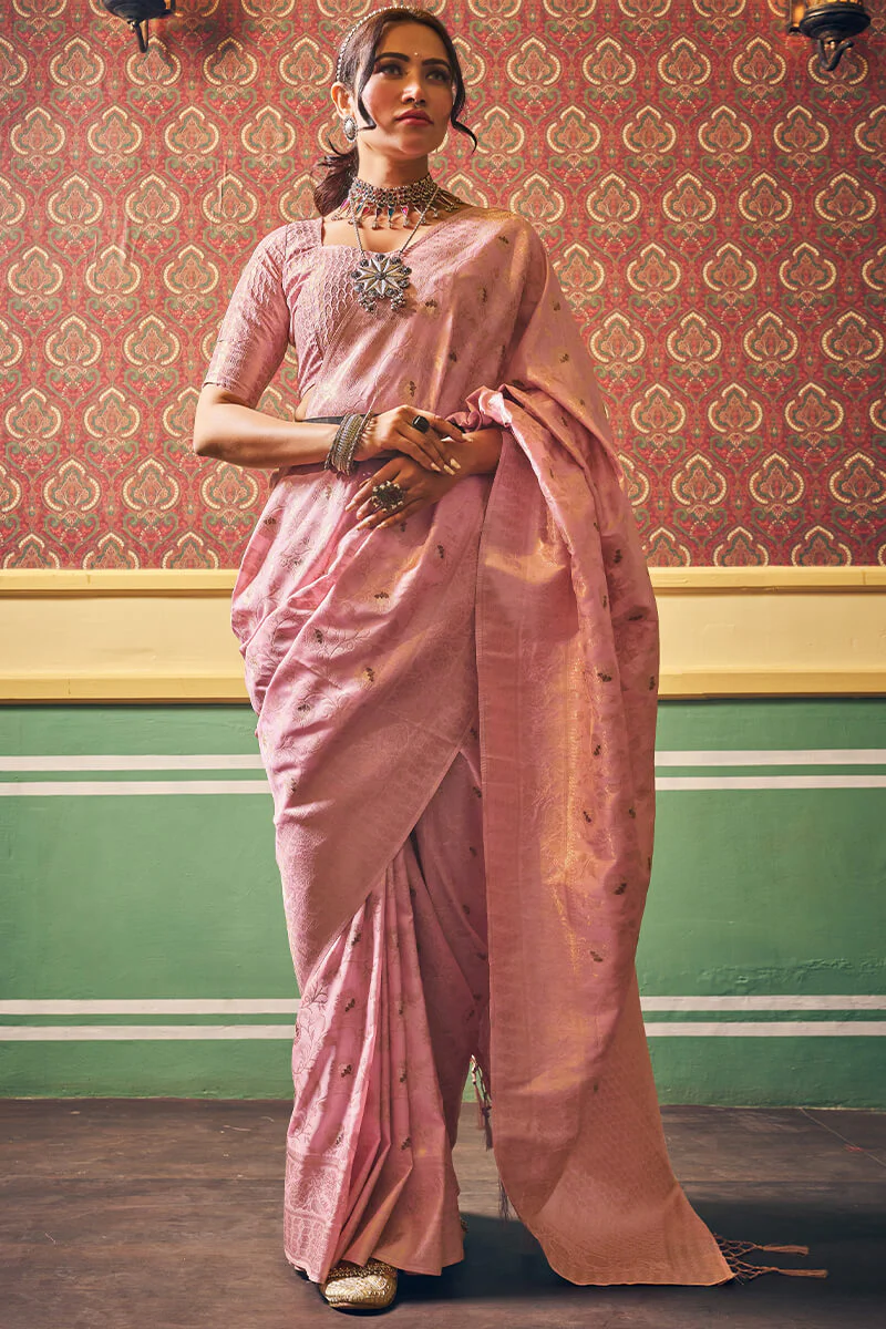 Enamoring Light Pink Soft Banarasi Silk Saree With Jubilant Blouse Piece - Image 3