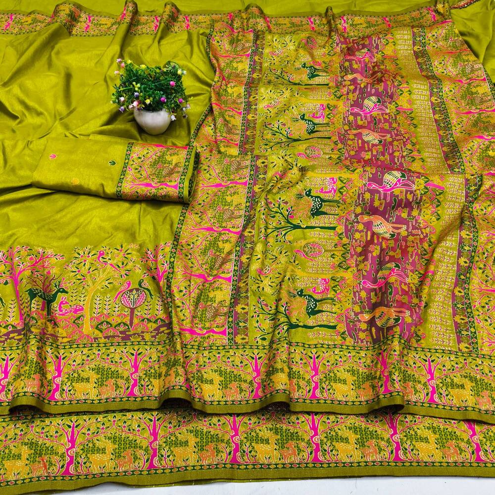 Enamoring Mehndi Nylon Dola Pashmina Saree With Surpassing Blouse Piece - Image 4