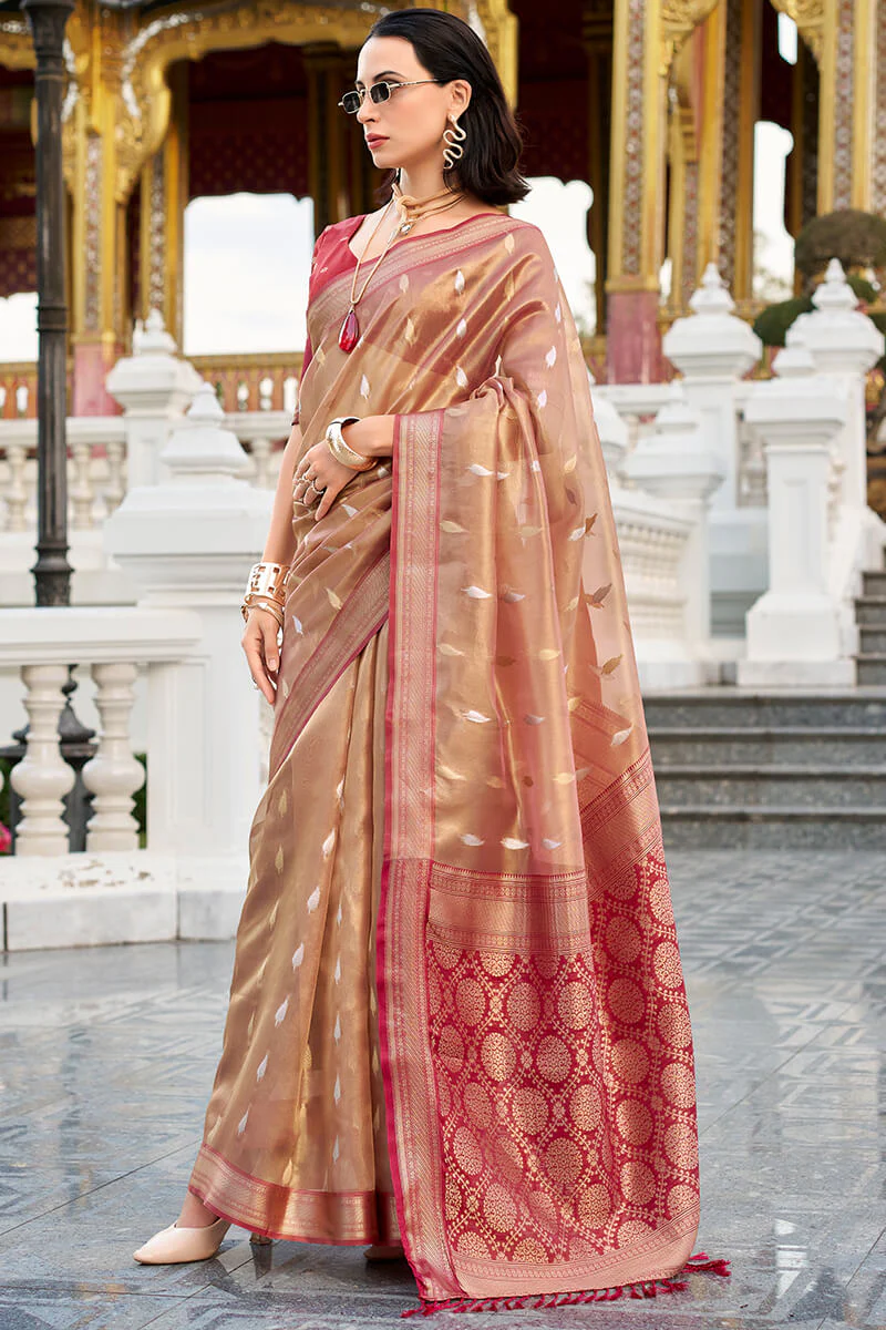 Enchanting Brown Soft Banarasi Silk Saree With Ethnic Blouse Piece - Image 3