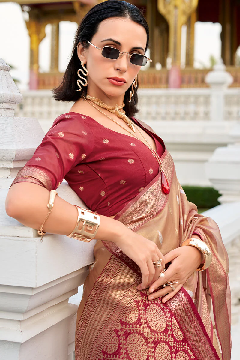 Enchanting Brown Soft Banarasi Silk Saree With Ethnic Blouse Piece - Image 4