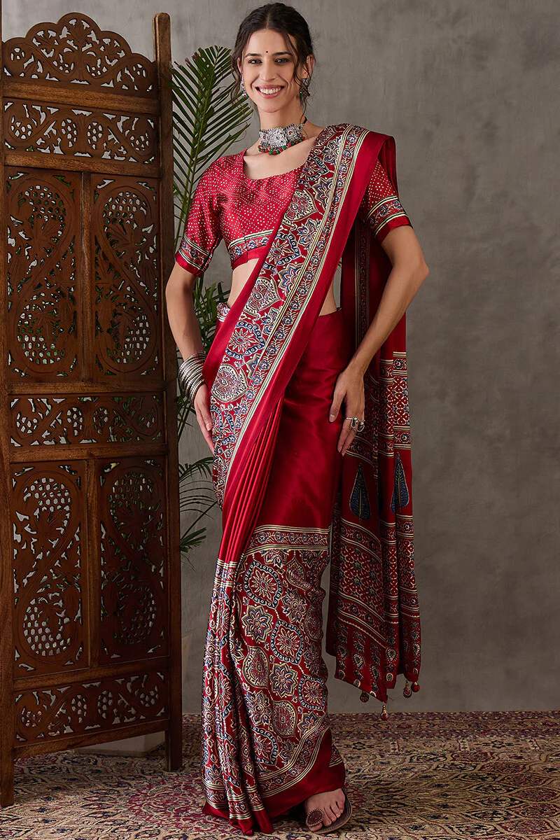 Enchanting Maroon Ajrakh Printed Semi Modal Silk Saree With Lassitude Blouse Piece