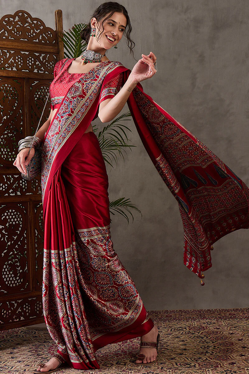 Enchanting Maroon Ajrakh Printed Semi Modal Silk Saree With Lassitude Blouse Piece - Image 5