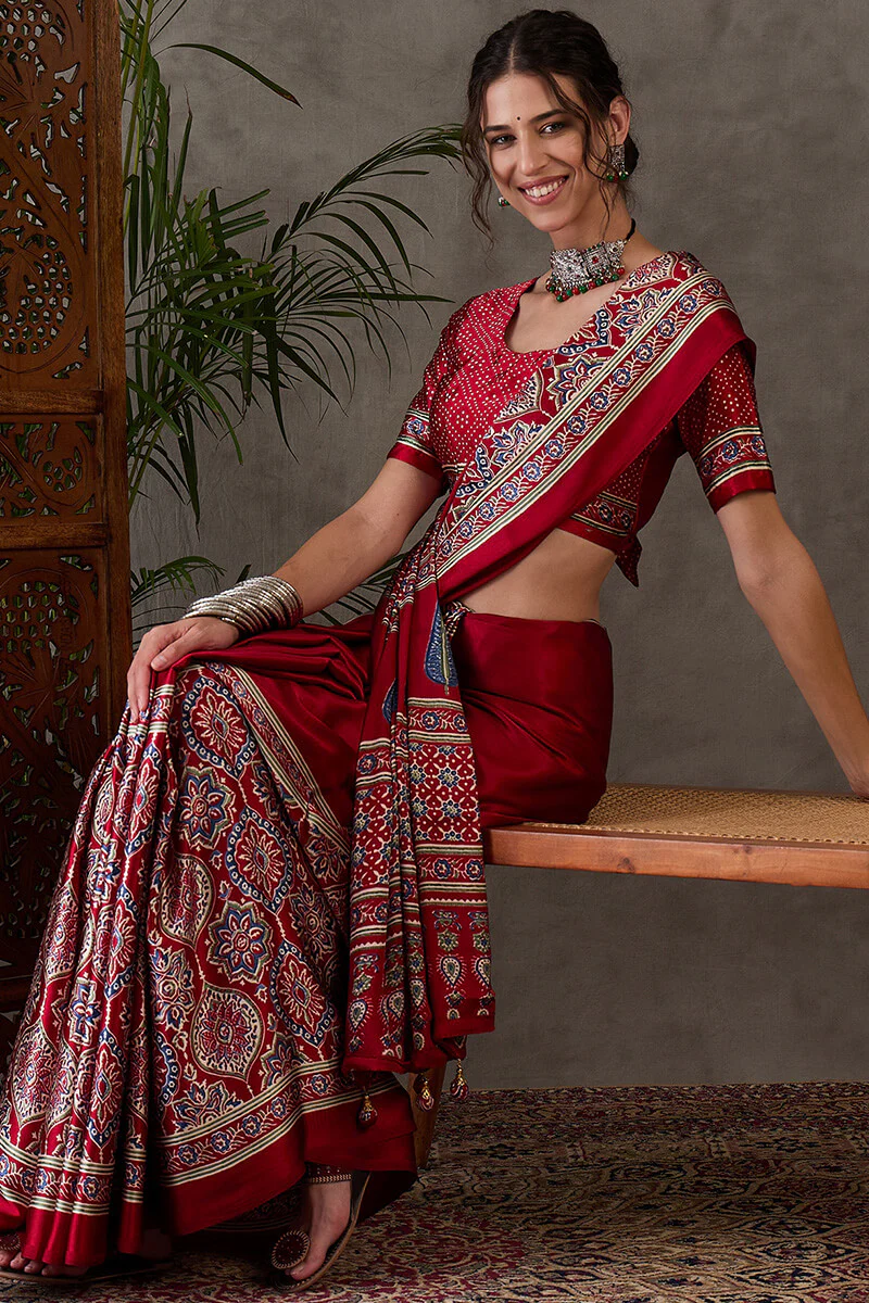 Enchanting Maroon Ajrakh Printed Semi Modal Silk Saree With Lassitude Blouse Piece - Image 6