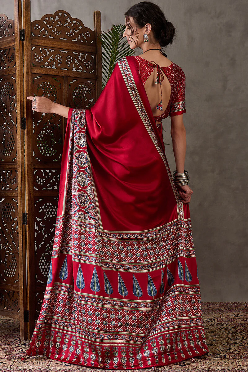 Enchanting Maroon Ajrakh Printed Semi Modal Silk Saree With Lassitude Blouse Piece - Image 7