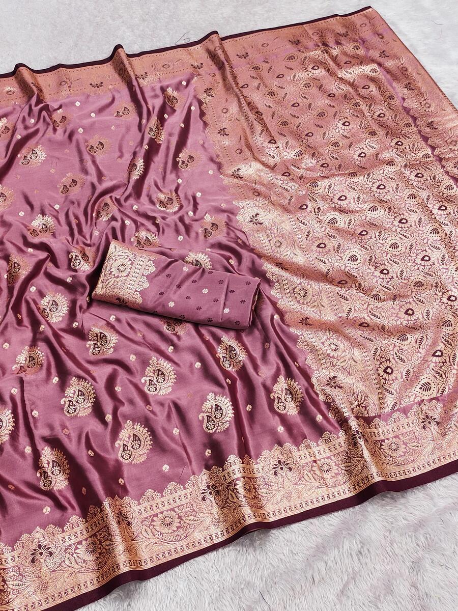 Enchanting Pink Banarasi Satin Silk Saree With Dissemble Blouse - Image 2