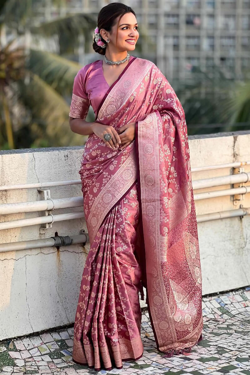 Enchanting Pink Soft Silk Saree With Vestigial Blouse Piece - Image 3