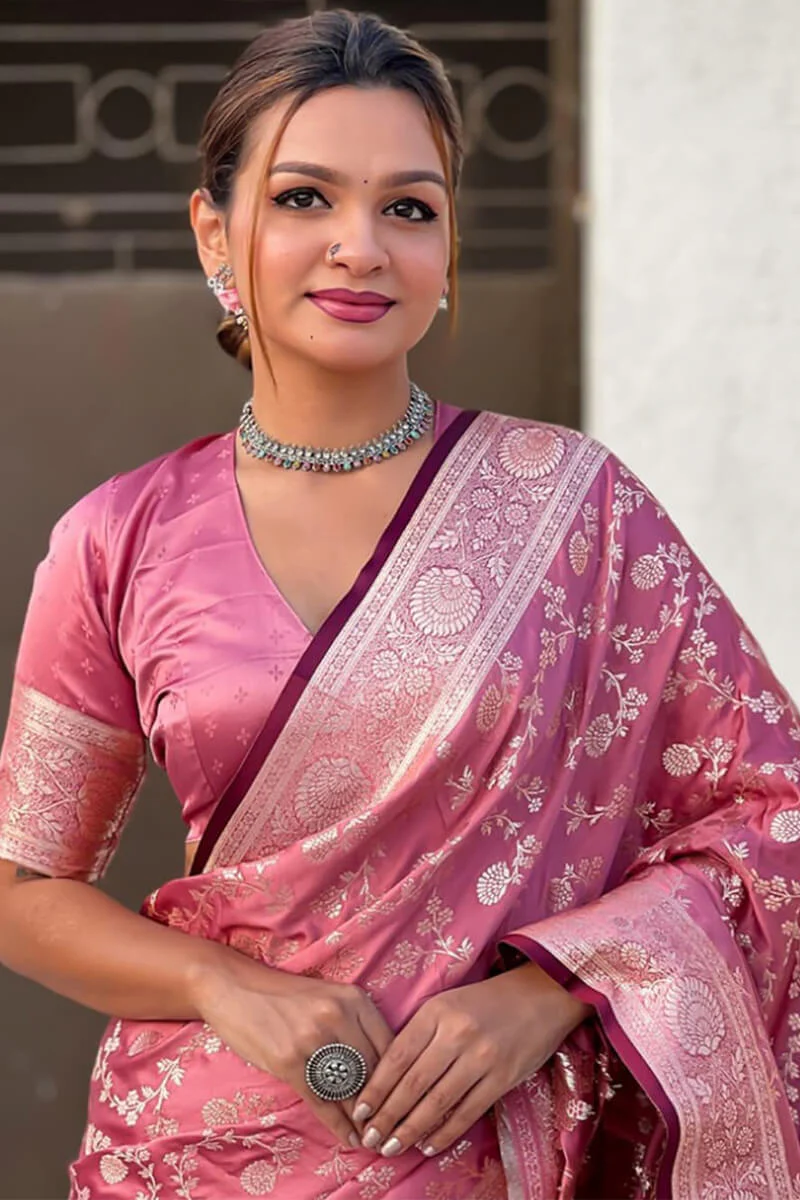 Enchanting Pink Soft Silk Saree With Vestigial Blouse Piece - Image 4