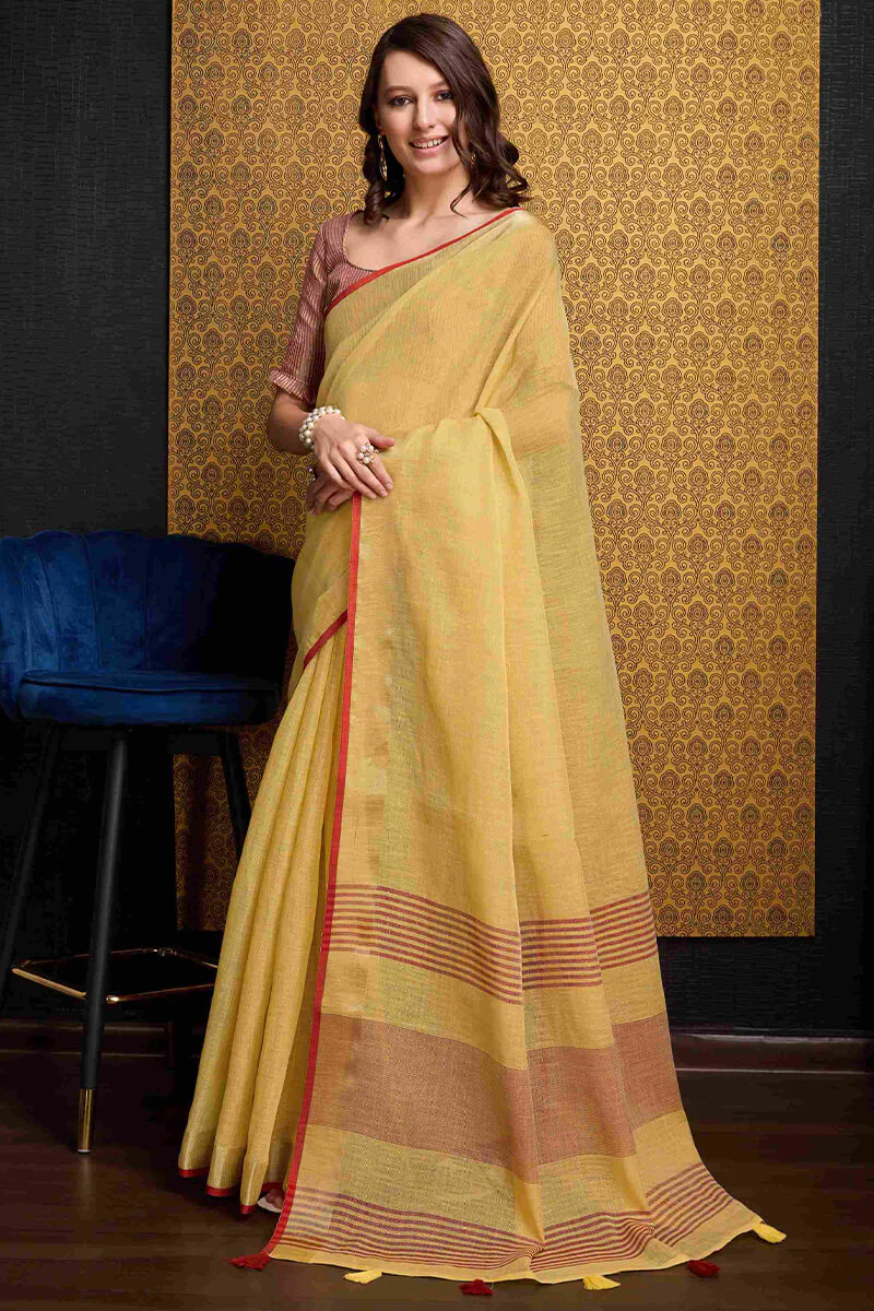 Enchanting Yellow Cotton Silk Saree With Tantalizing Blouse Piece - Image 3
