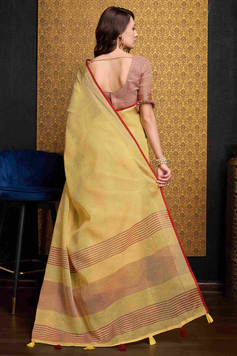 Enchanting Yellow Cotton Silk Saree With Tantalizing Blouse Piece - Image 4