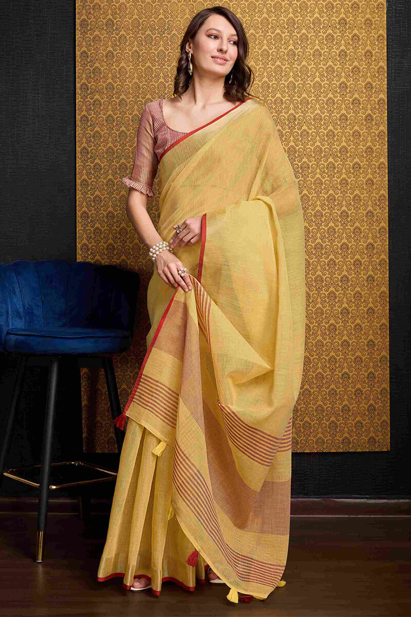 Enchanting Yellow Cotton Silk Saree With Tantalizing Blouse Piece - Image 5