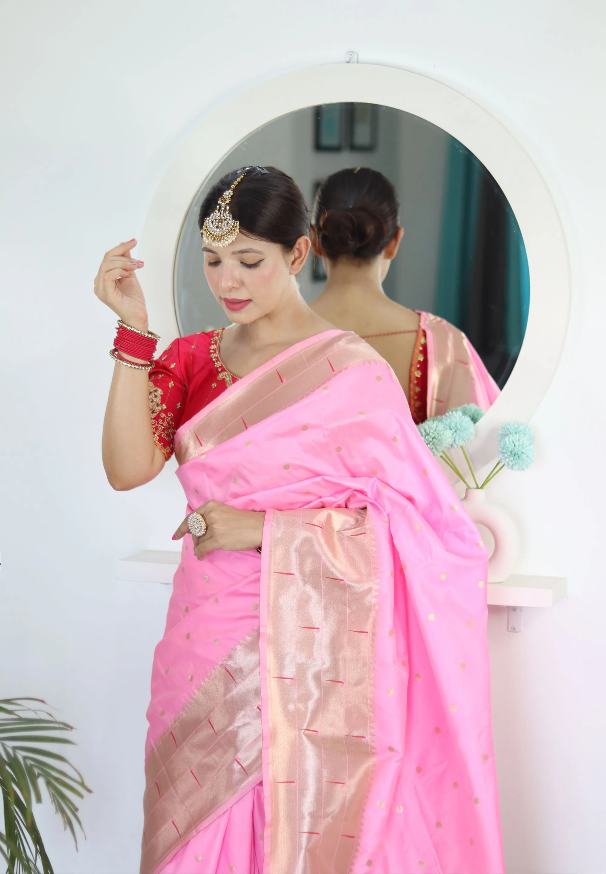 Energetic Baby Pink Paithani Silk Saree With Unique Blouse Piece - Image 3