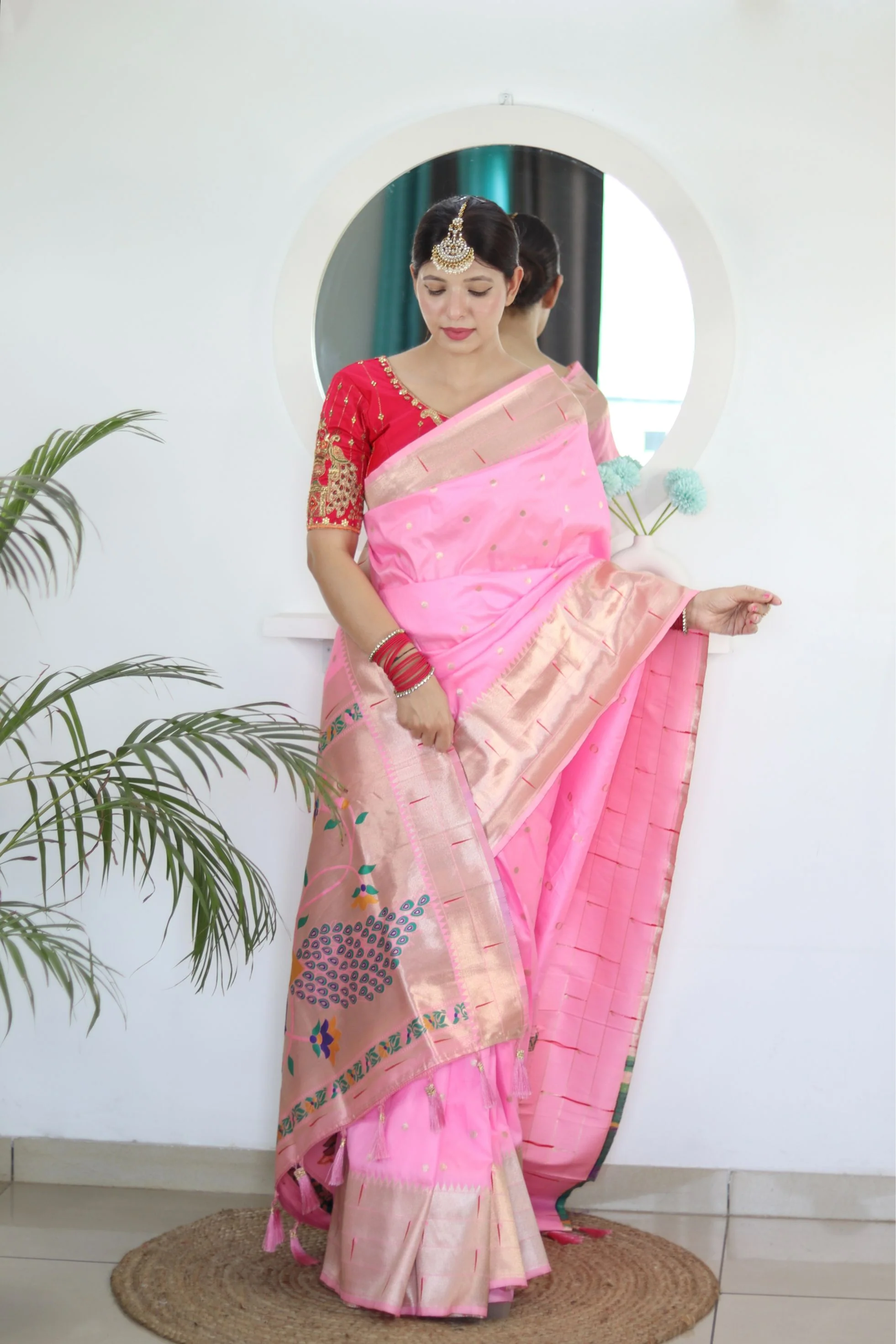 Energetic Baby Pink Paithani Silk Saree With Unique Blouse Piece - Image 5