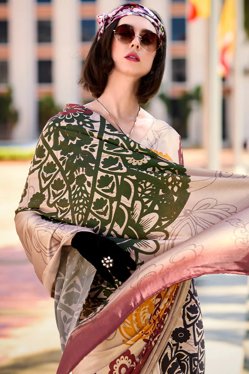 Energetic Beige Digital Printed Satin Silk Saree With Skinny Blouse Piece - Image 2