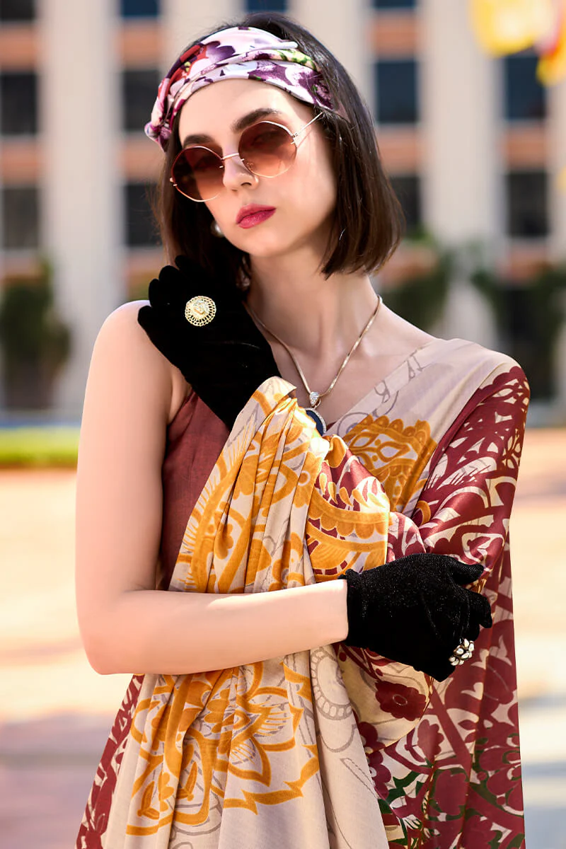 Energetic Beige Digital Printed Satin Silk Saree With Skinny Blouse Piece - Image 3
