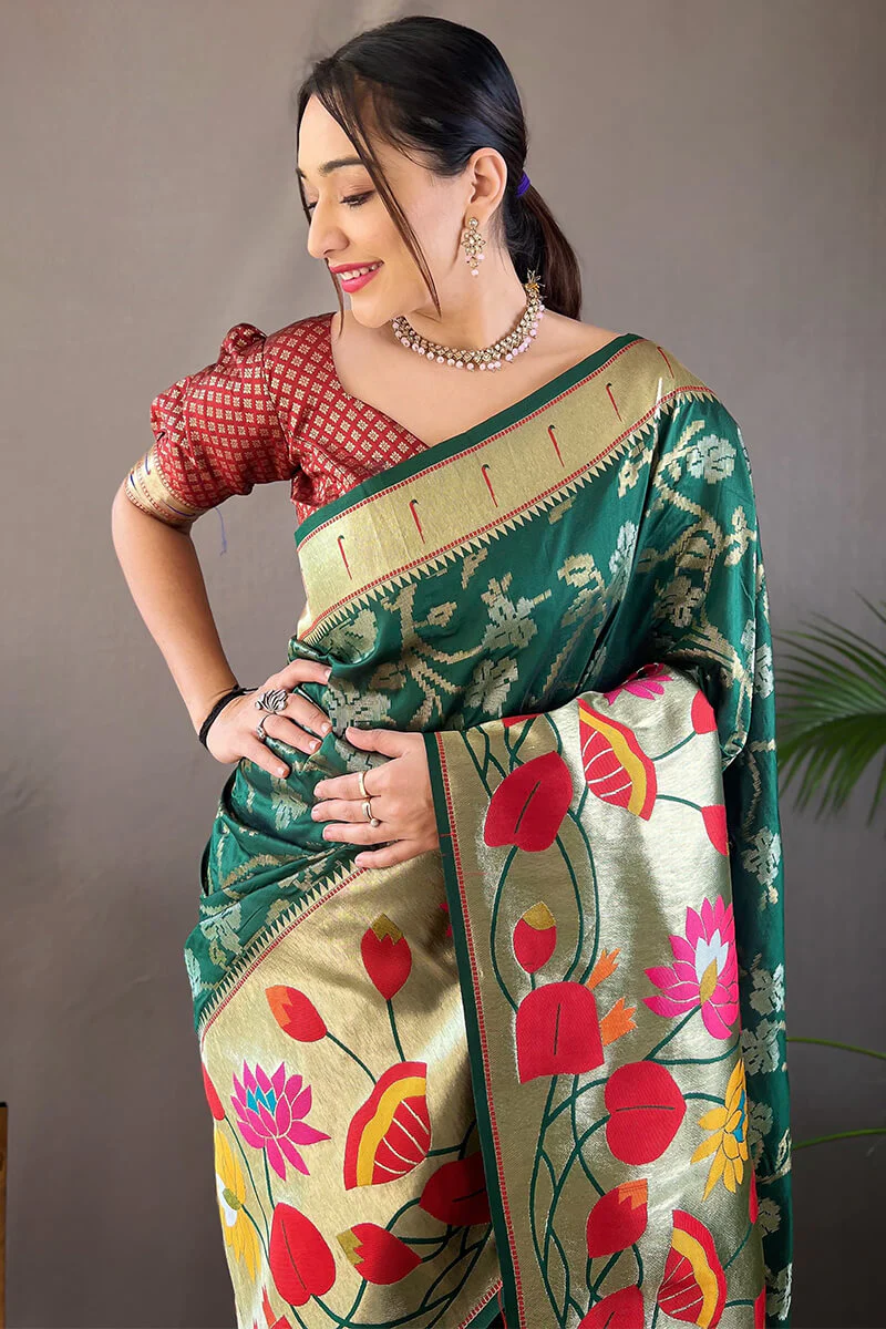 Energetic Dark Green Paithani Silk Saree With Deserving Blouse Piece - Image 2