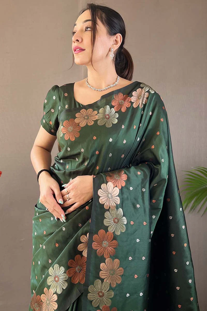 Energetic Dark Green Soft Banarasi Silk Saree With Sensational Blouse Piece - Image 2