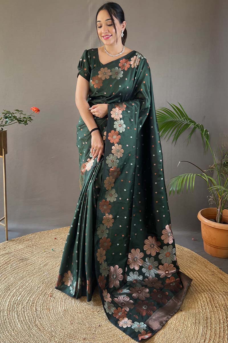 Energetic Dark Green Soft Banarasi Silk Saree With Sensational Blouse Piece - Image 3