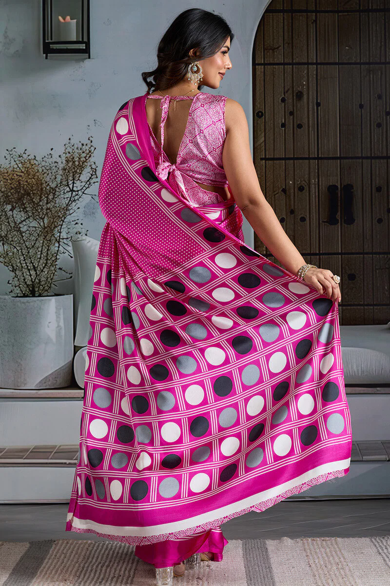 Energetic Dark Pink Ajrakh Printed Satin Silk Saree With Glowing Blouse Piece - Image 6