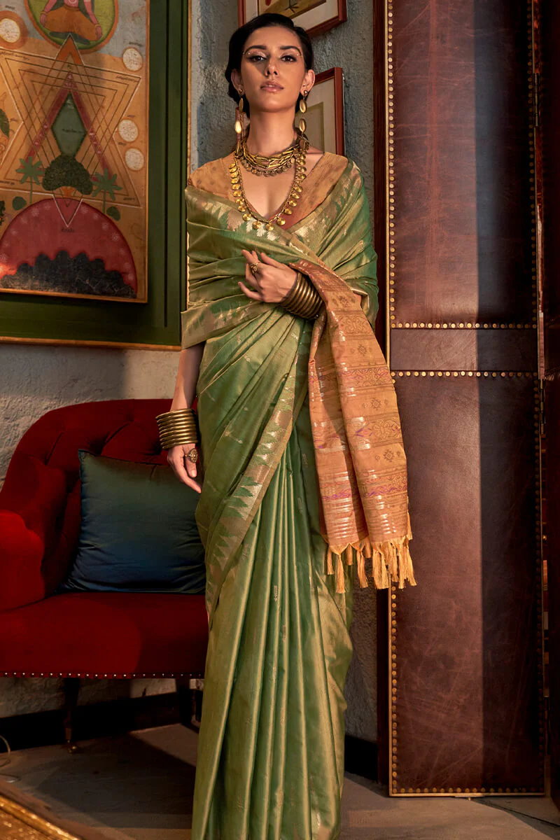 Energetic Mehndi Soft Banarasi Silk Saree With Pretty Blouse Piece - Image 2