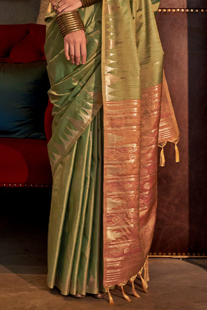 Energetic Mehndi Soft Banarasi Silk Saree With Pretty Blouse Piece - Image 3