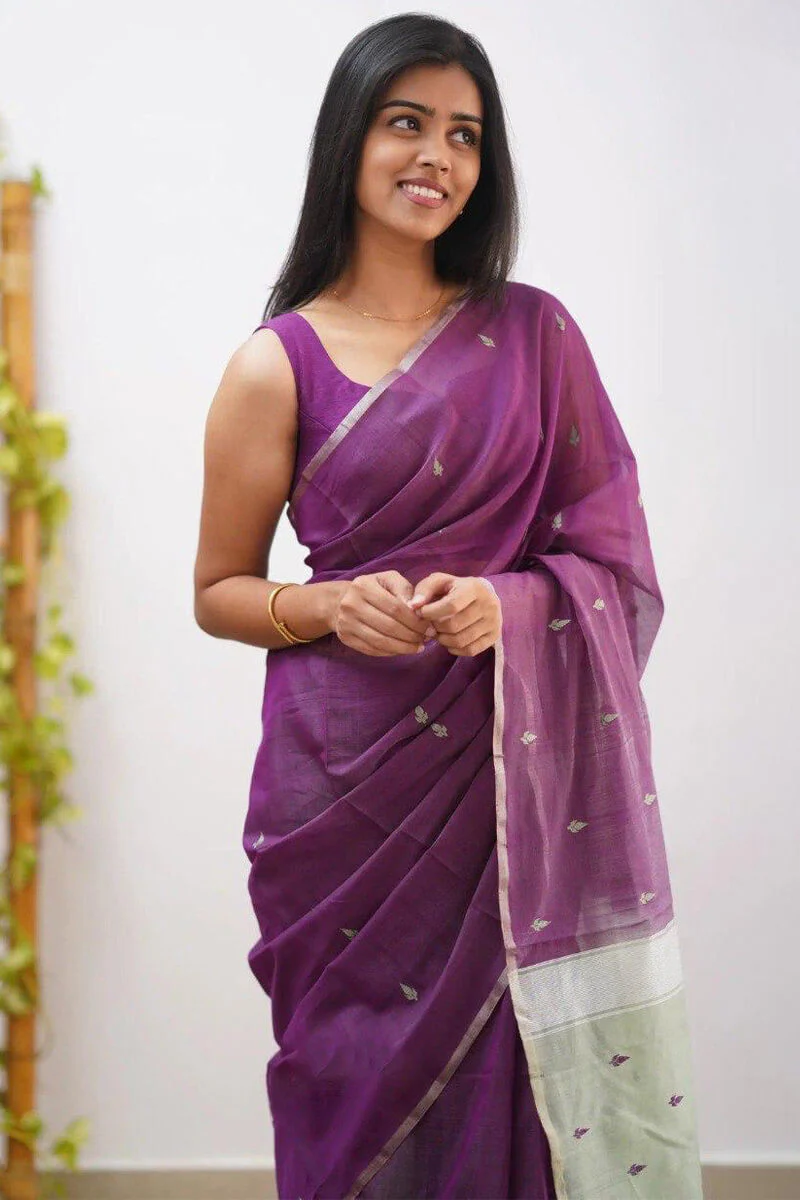 Energetic Purple Cotton Silk Saree With Comely Blouse Piece - Image 2
