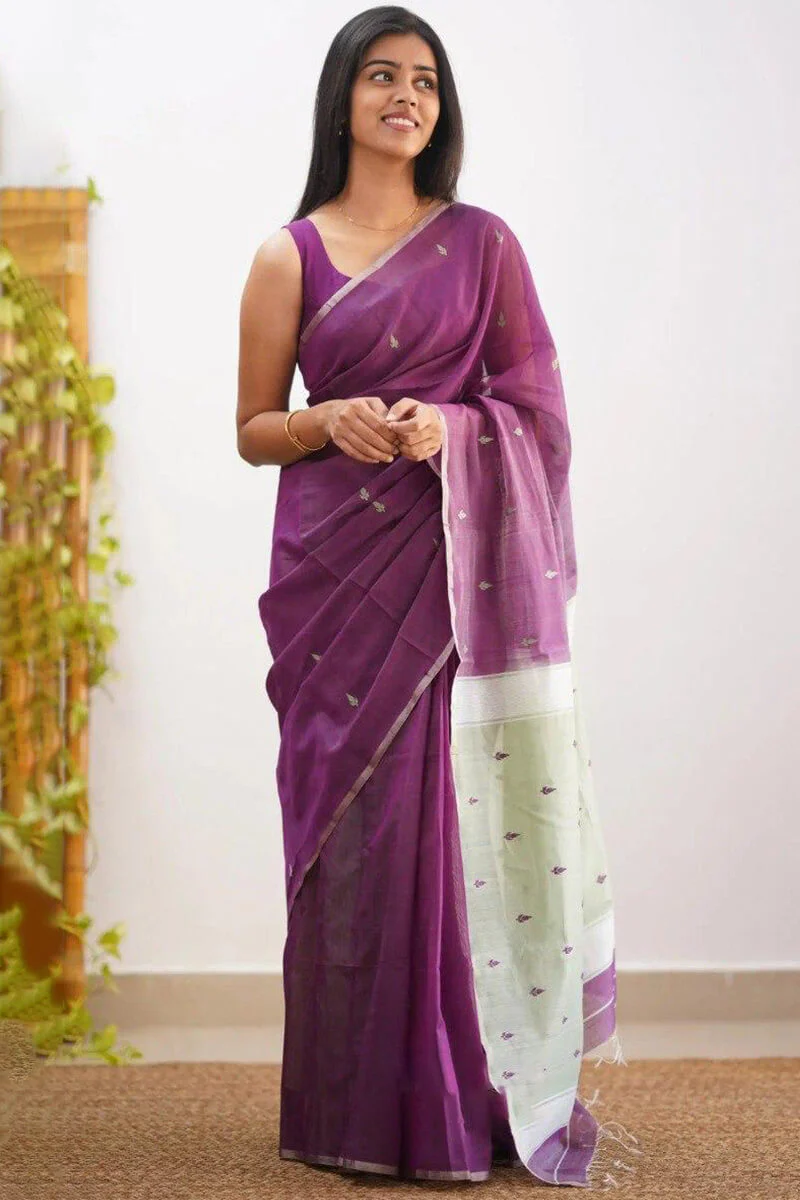 Energetic Purple Cotton Silk Saree With Comely Blouse Piece - Image 3