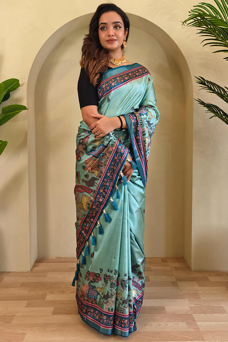 Energetic Sea Green Kalamkari Printed Viscose Dola Silk Saree With Capricious Blouse Piece - Image 3