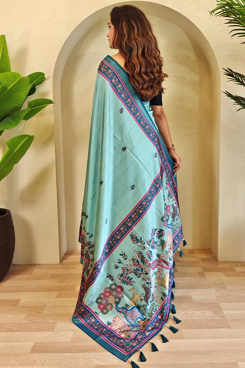 Energetic Sea Green Kalamkari Printed Viscose Dola Silk Saree With Capricious Blouse Piece - Image 4
