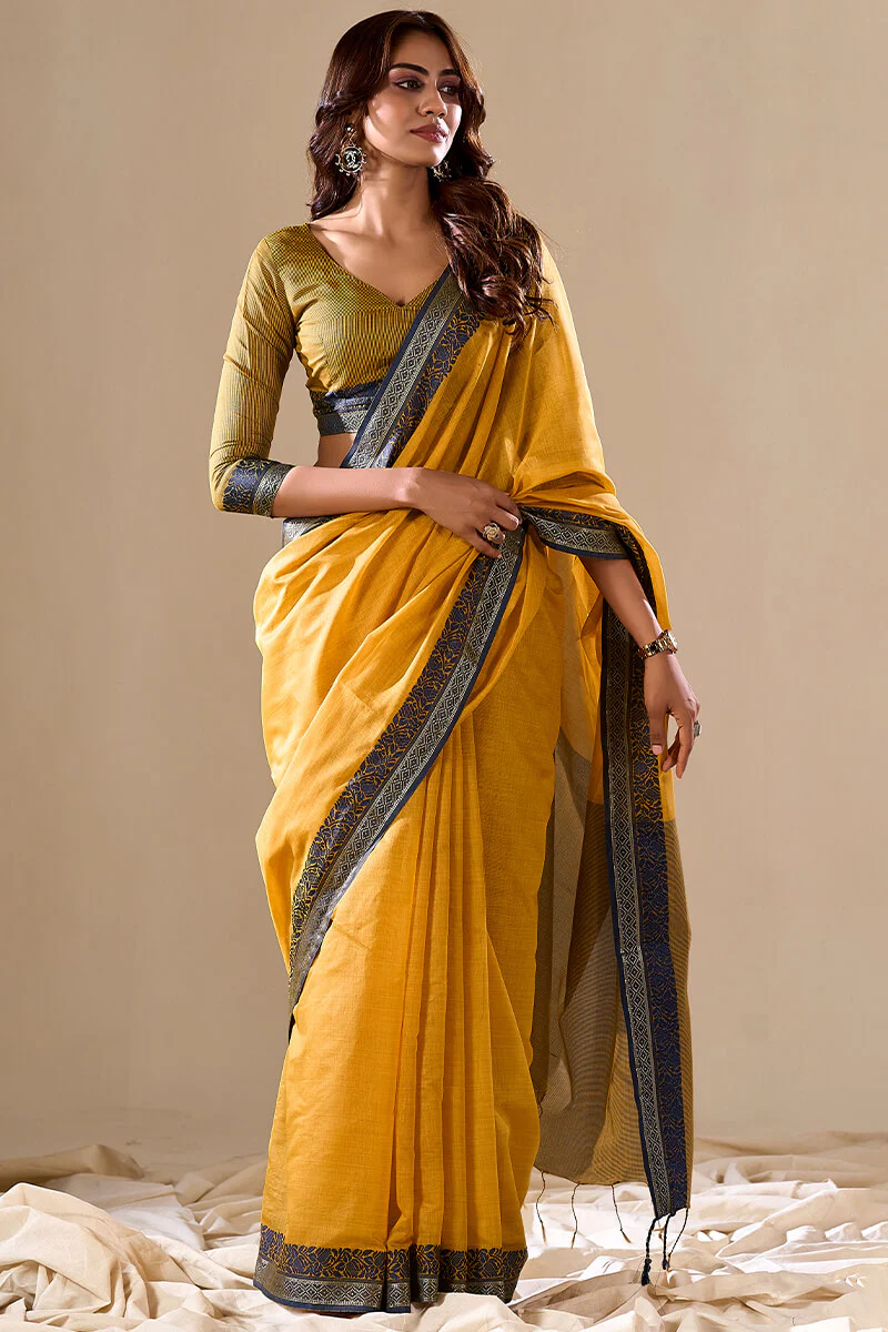Energetic Yellow Cotton Silk Saree With Attractive Blouse Piece