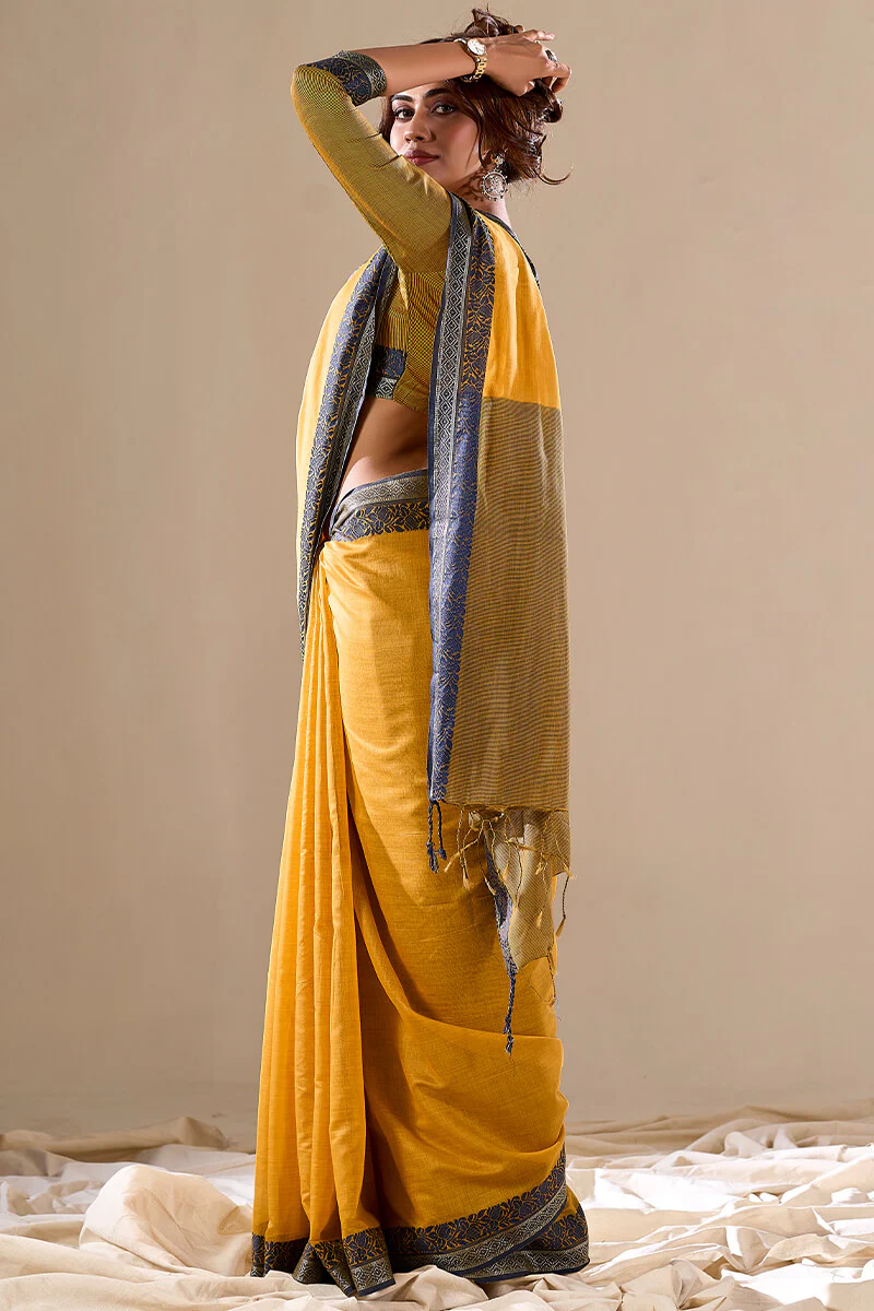 Energetic Yellow Cotton Silk Saree With Attractive Blouse Piece - Image 3