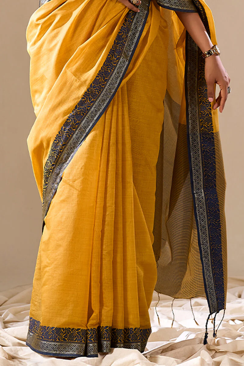 Energetic Yellow Cotton Silk Saree With Attractive Blouse Piece - Image 4