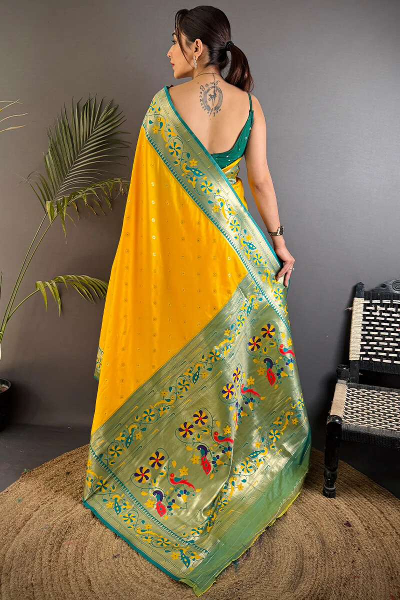 Energetic Yellow Paithani Silk Saree With Palimpsest Blouse Piece - Image 4