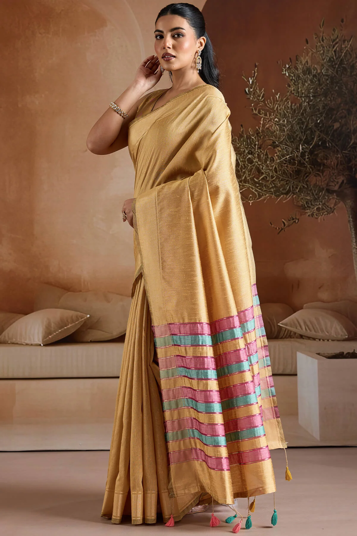 Energetic Yellow Soft Banarasi Bhagalpuri Silk Saree With Moiety Blouse Piece - Image 4