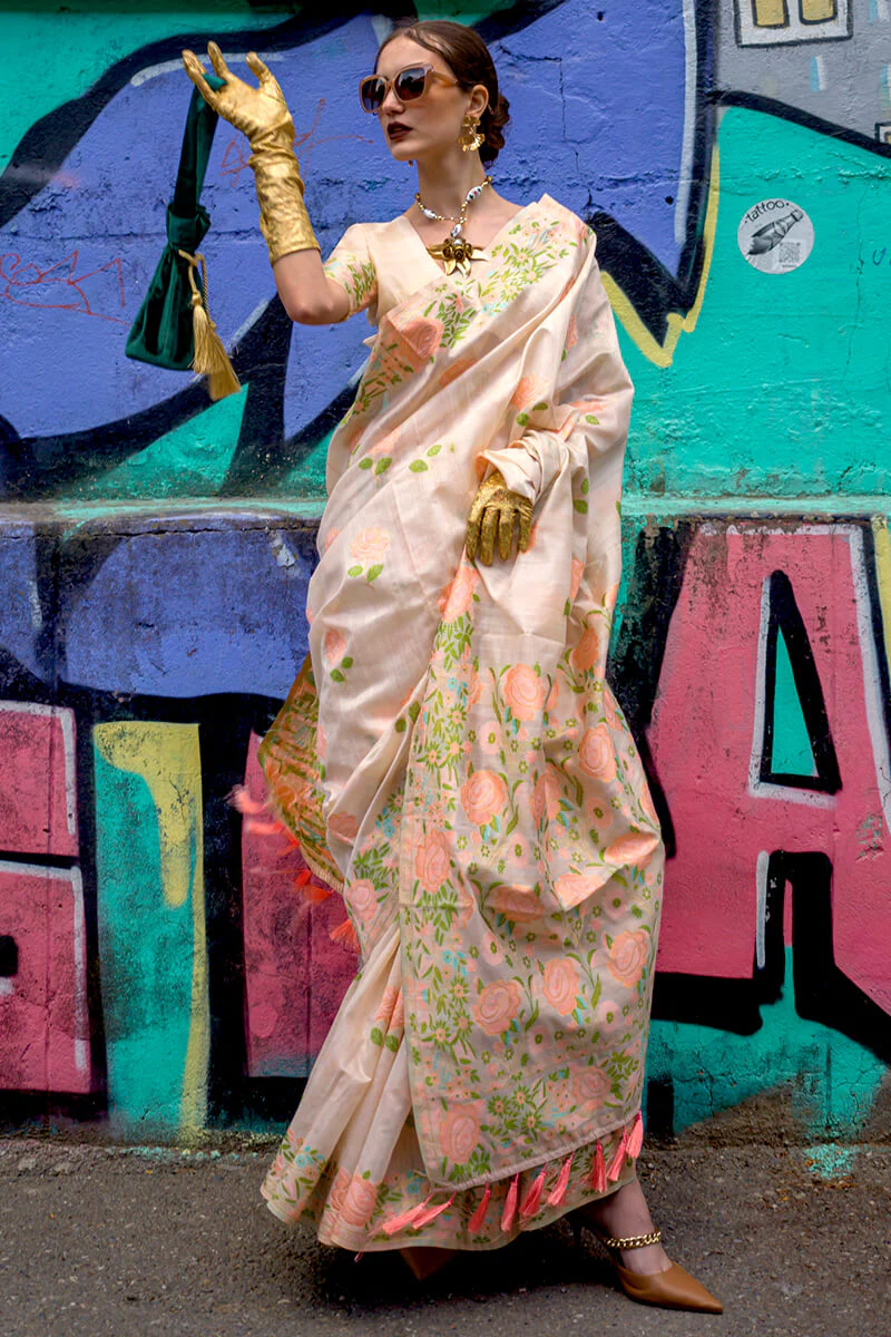 Engaging Beige Parsi Handloom Woven Banarasi Silk Saree With Blouse Piece