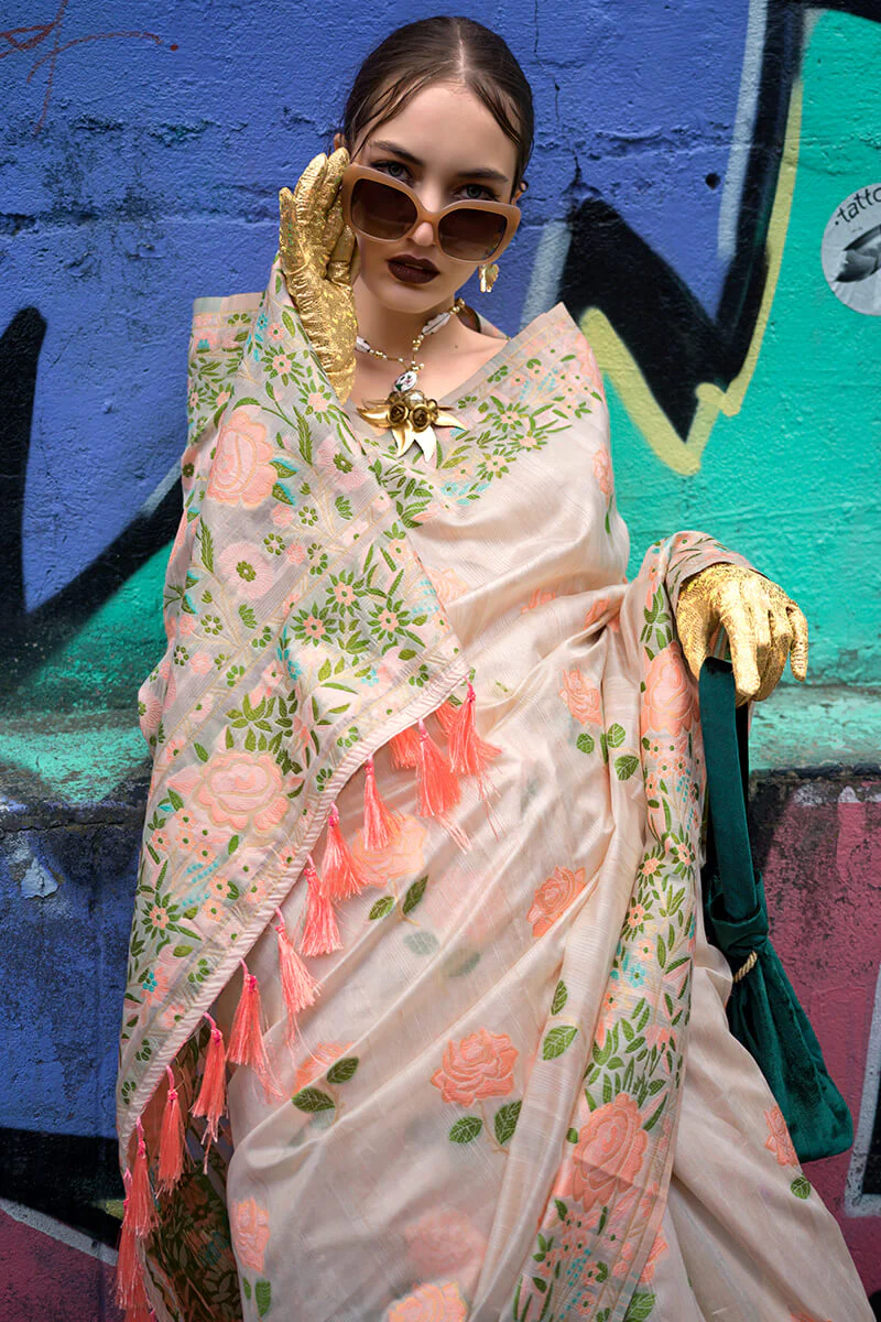 Engaging Beige Parsi Handloom Woven Banarasi Silk Saree With Blouse Piece - Image 2