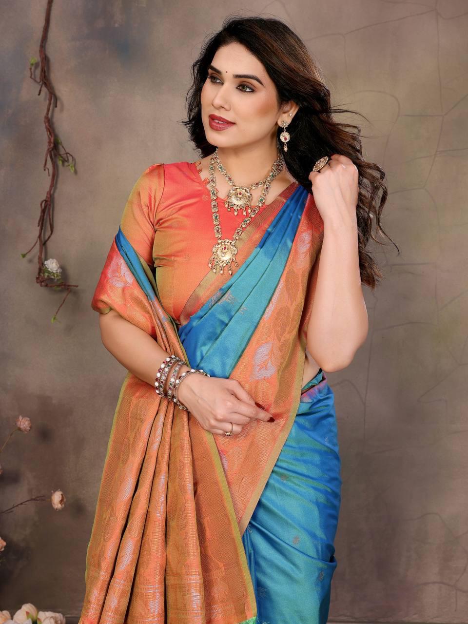 Engaging Firozi Soft Banarasi Silk Saree With Exuberant Blouse Piece - Image 2