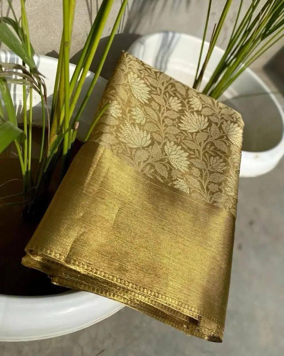 Engaging Golden Soft Tissue Silk Saree With Prodigal Blouse Piece - Image 3