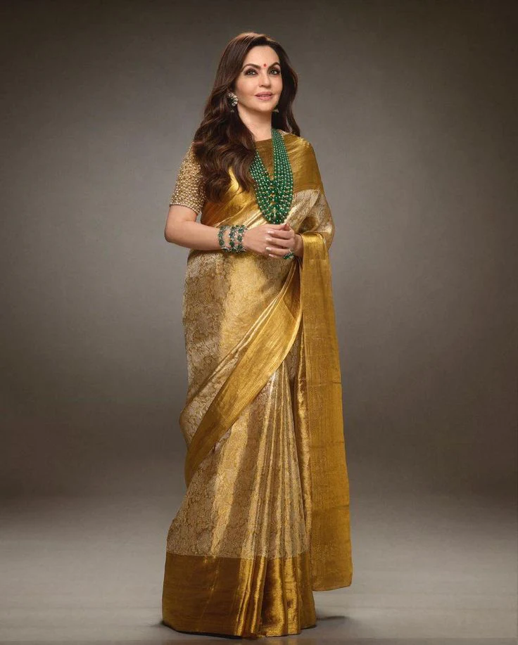 Engaging Golden Soft Tissue Silk Saree With Prodigal Blouse Piece - Image 4